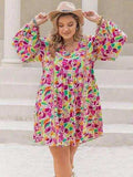 Plus Size Printed V-Neck Balloon Sleeve Mini Dress - Trendsi - Flyclothing LLC