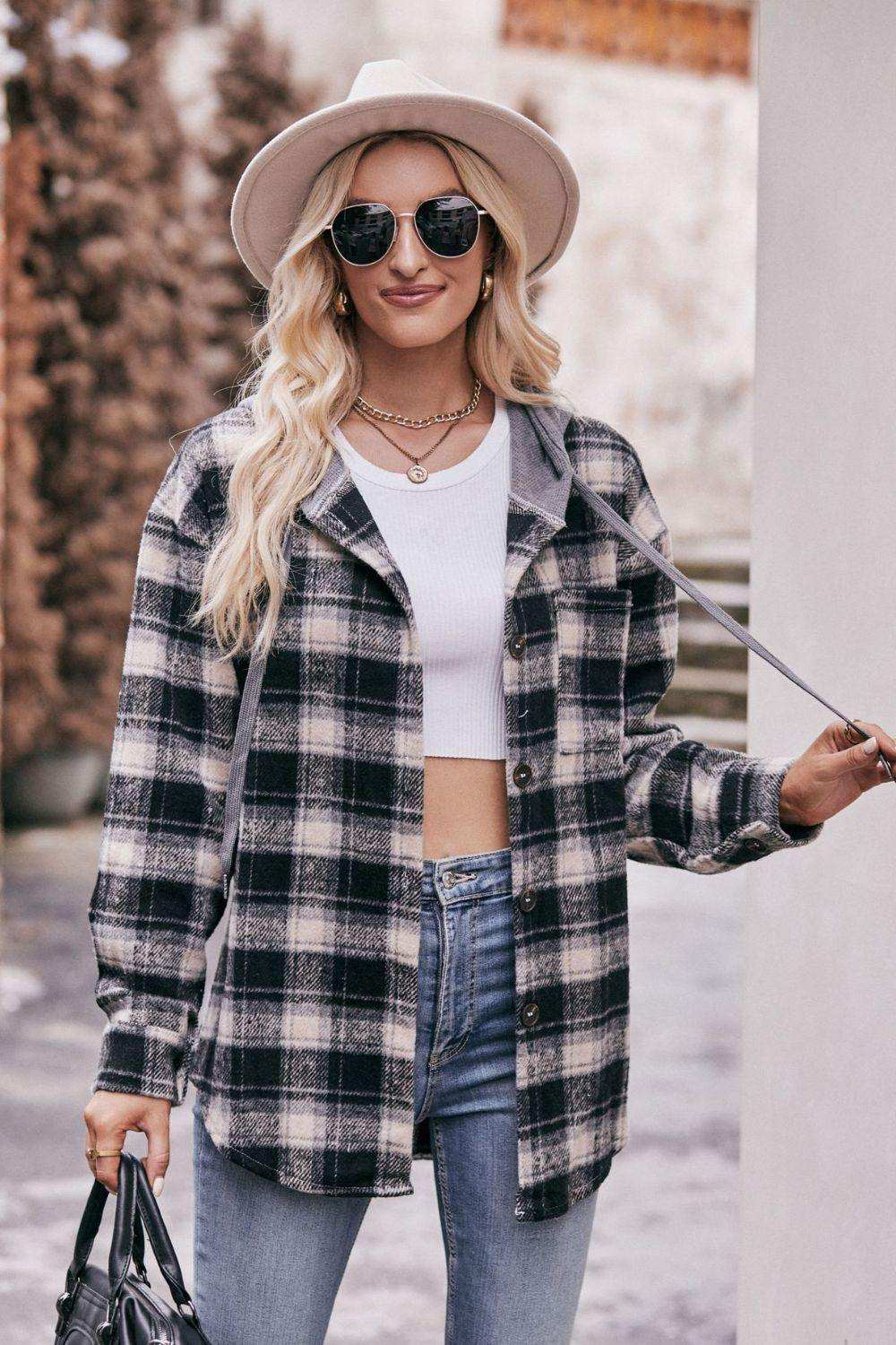 Plaid Dropped Shoulder Hooded Longline Jacket - Trendsi - Flyclothing LLC