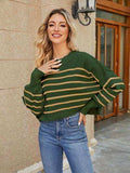 Round Neck Striped Lantern Sleeve Sweater - Trendsi - Flyclothing LLC