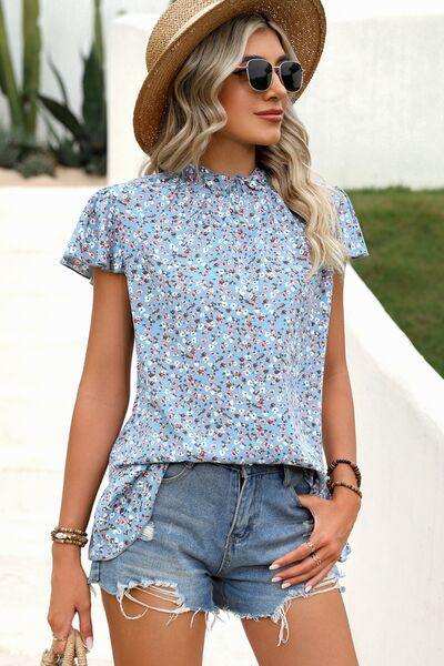 Ditsy Floral Mock Neck Short Sleeve T-Shirt - Trendsi - Flyclothing LLC