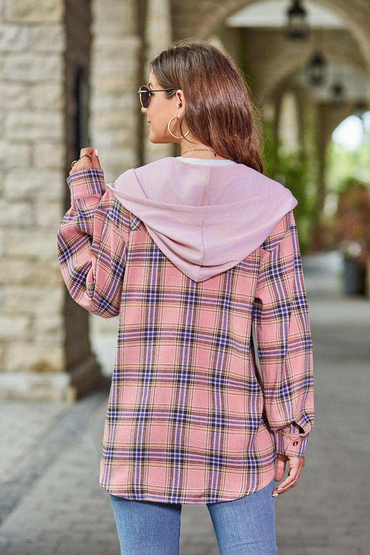 Plaid Long Sleeve Hooded Jacket - Trendsi - Flyclothing LLC