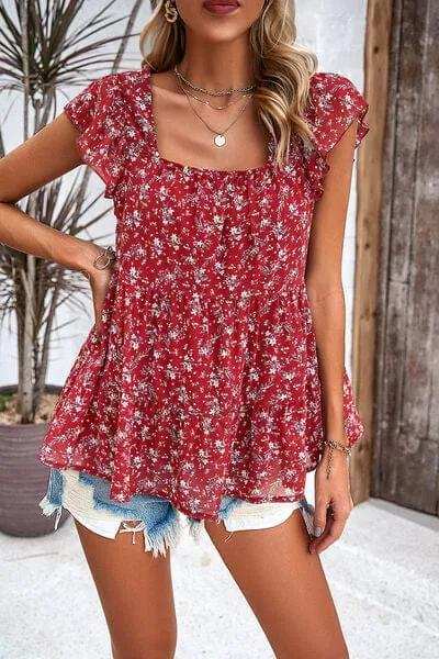 Printed Square Neck Cap Sleeve Blouse - Trendsi - Flyclothing LLC