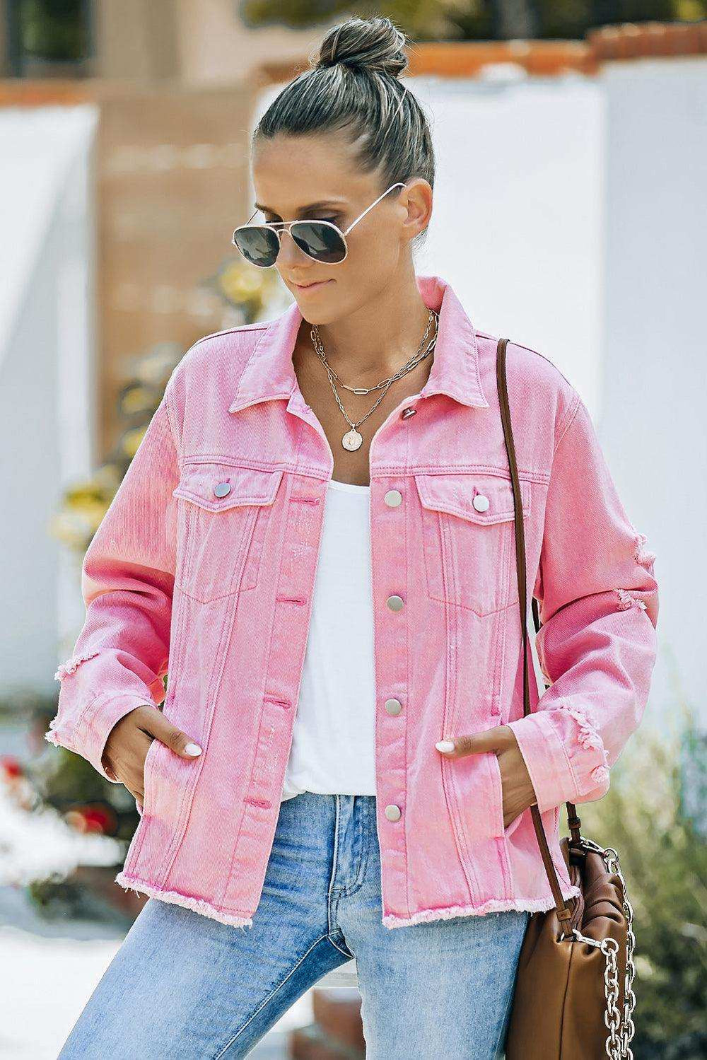 Distressed Raw Hem Denim Jacket - Trendsi - Flyclothing LLC