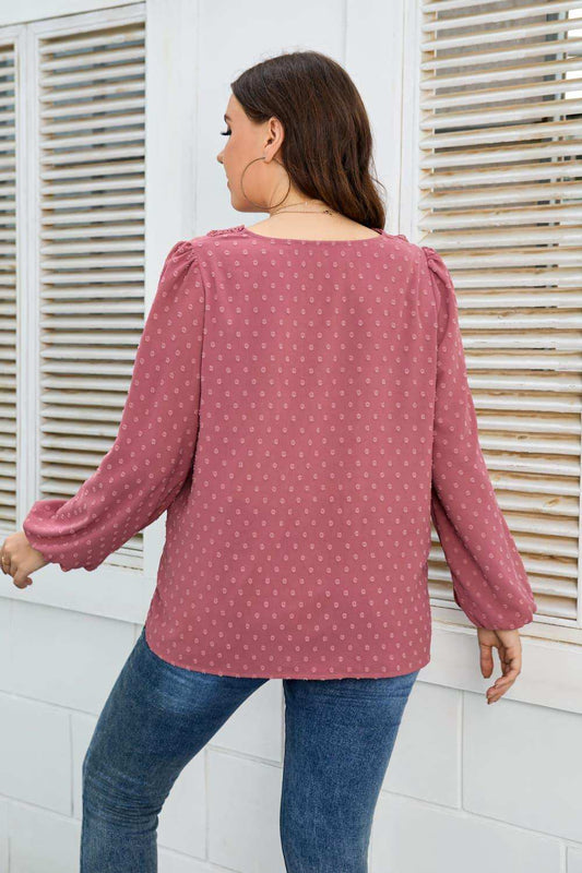 Plus Size Lace Trim V-Neck Balloon Sleeve Blouse - Trendsi - Flyclothing LLC