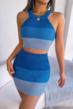 Color Block Sleeveless Crop Knit Top and Skirt Set - Trendsi - Flyclothing LLC