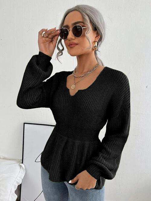 Notched Dropped Shoulder Knit Top - Trendsi - Flyclothing LLC
