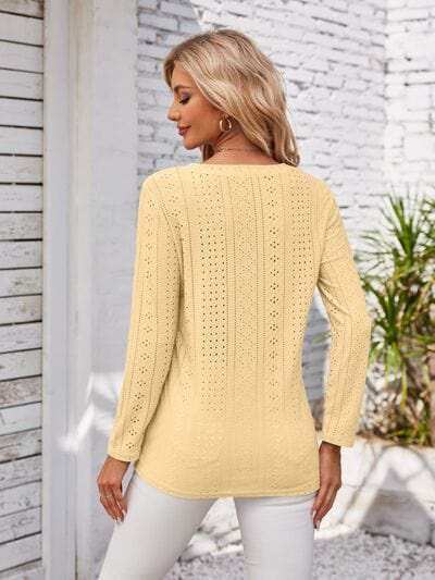 Decorative Button Openwork V-Neck T-Shirt - Trendsi - Flyclothing LLC