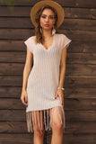 Fringe Hem Short Sleeve Deep V Cover Up Dress - Trendsi - Flyclothing LLC