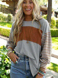 Round Neck Striped Long Sleeve Slit T-Shirt - Trendsi - Flyclothing LLC