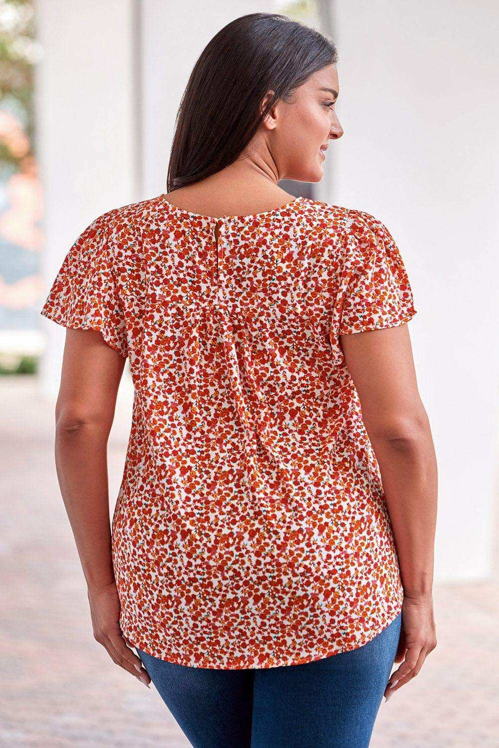Plus Size Floral Lace Trim Round Neck Blouse - Trendsi - Flyclothing LLC
