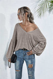 V-Neck Long Sleeve Dropped Shoulder Knit Top - Trendsi - Flyclothing LLC