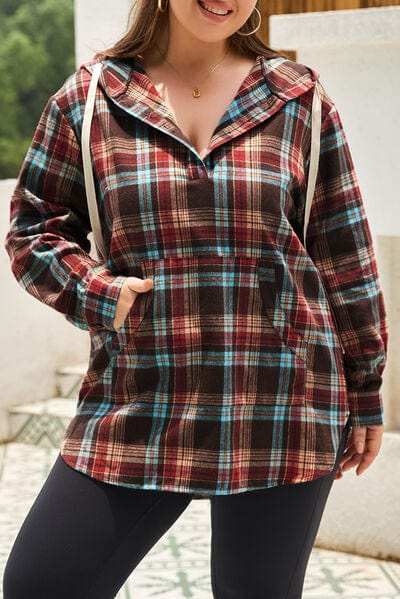 Plus Size Drawstring Plaid Quarter Button Hoodie - Trendsi - Flyclothing LLC