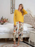 Round Neck Top and Printed Pants Lounge Set - Trendsi - Flyclothing LLC