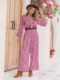 Printed Ruffled V-Neck Balloon Sleeve Jumpsuit - Trendsi - Flyclothing LLC