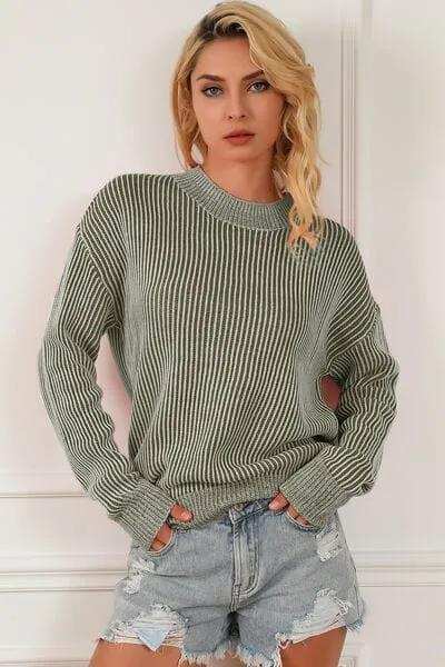 Striped Mock Neck Dropped Shoulder Sweater - Trendsi - Flyclothing LLC