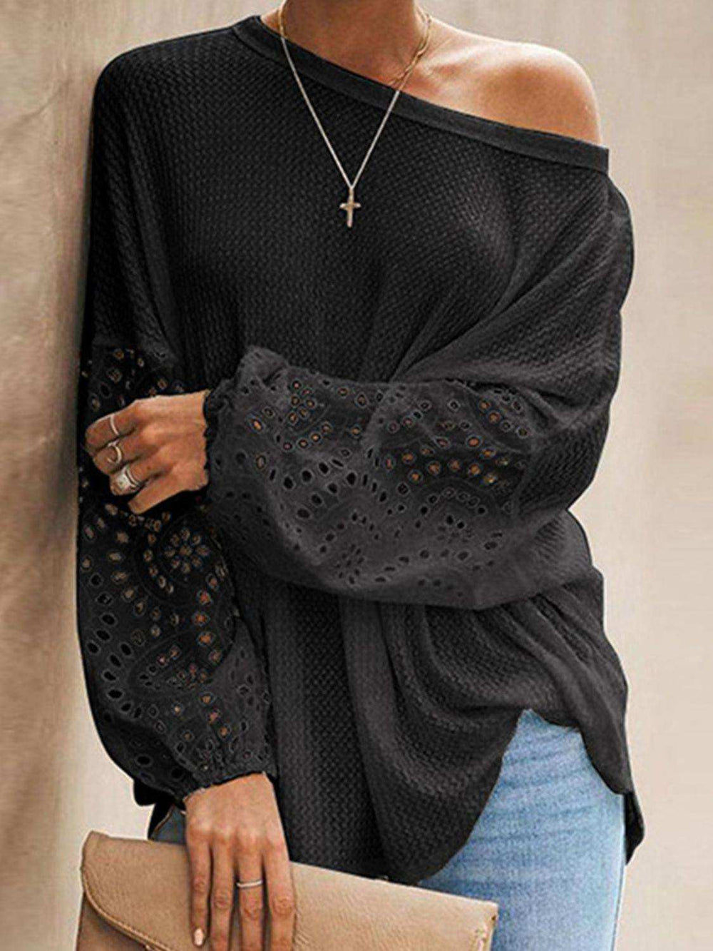 Openwork Dropped Shoulder Boat Neck Blouse - Trendsi - Flyclothing LLC