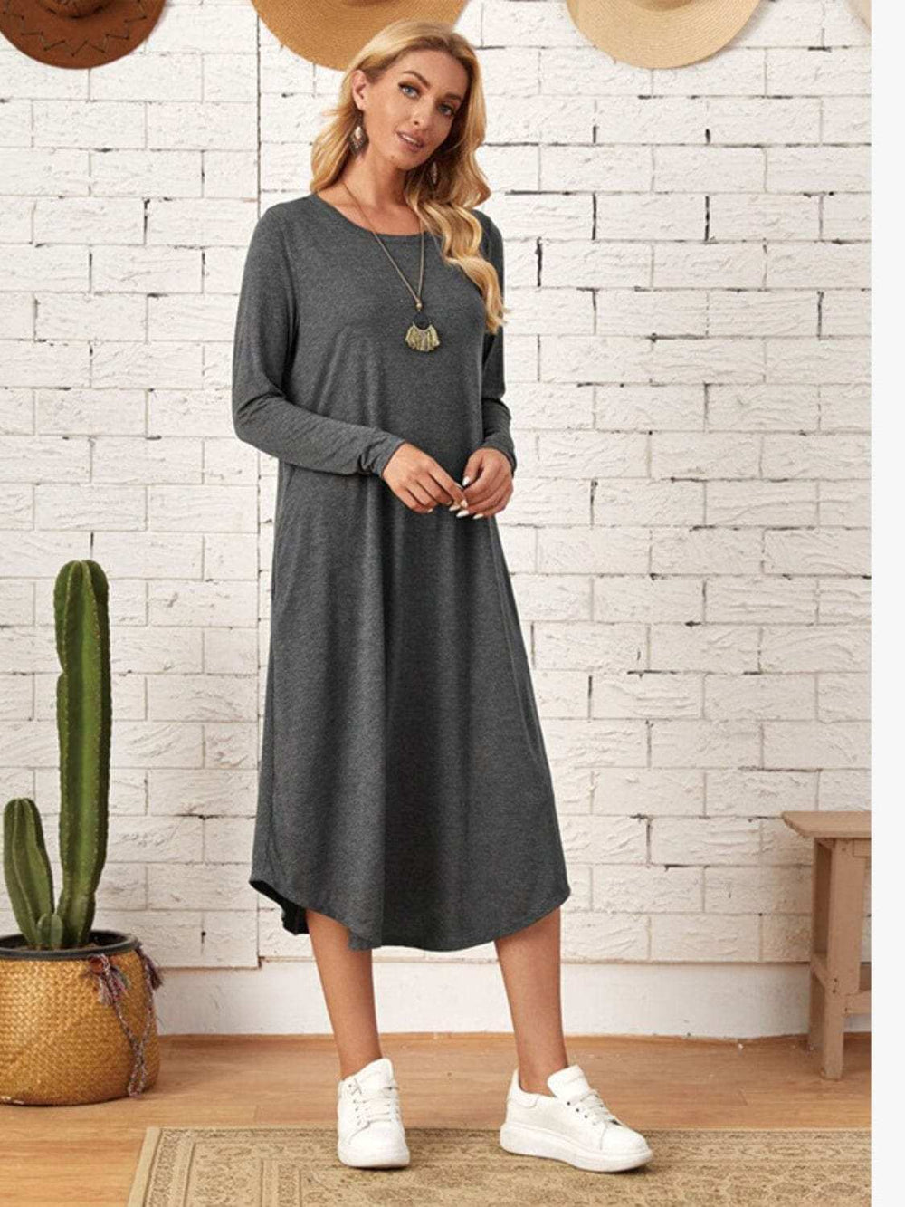 Pocketed Round Neck Long Sleeve Tee Dress - Trendsi - Flyclothing LLC