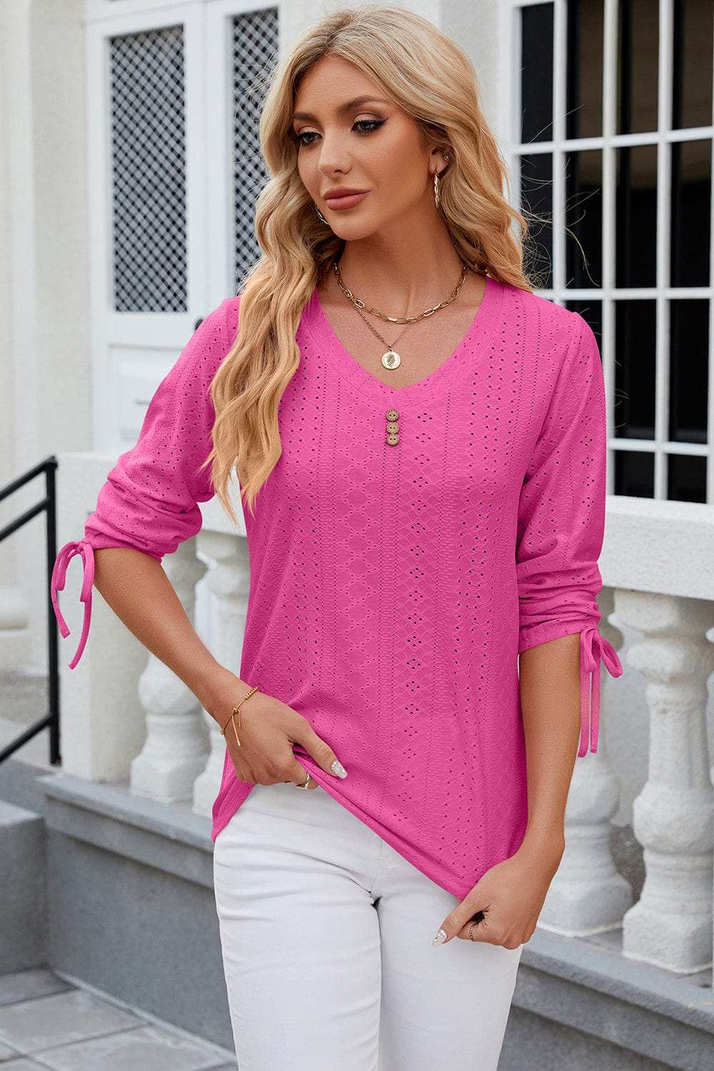 Eyelet Drawstring V-Neck Half Sleeve T-Shirt - Trendsi - Flyclothing LLC