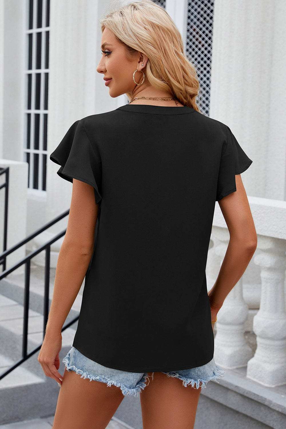 Notched Cap Sleeve T-Shirt - Trendsi - Flyclothing LLC