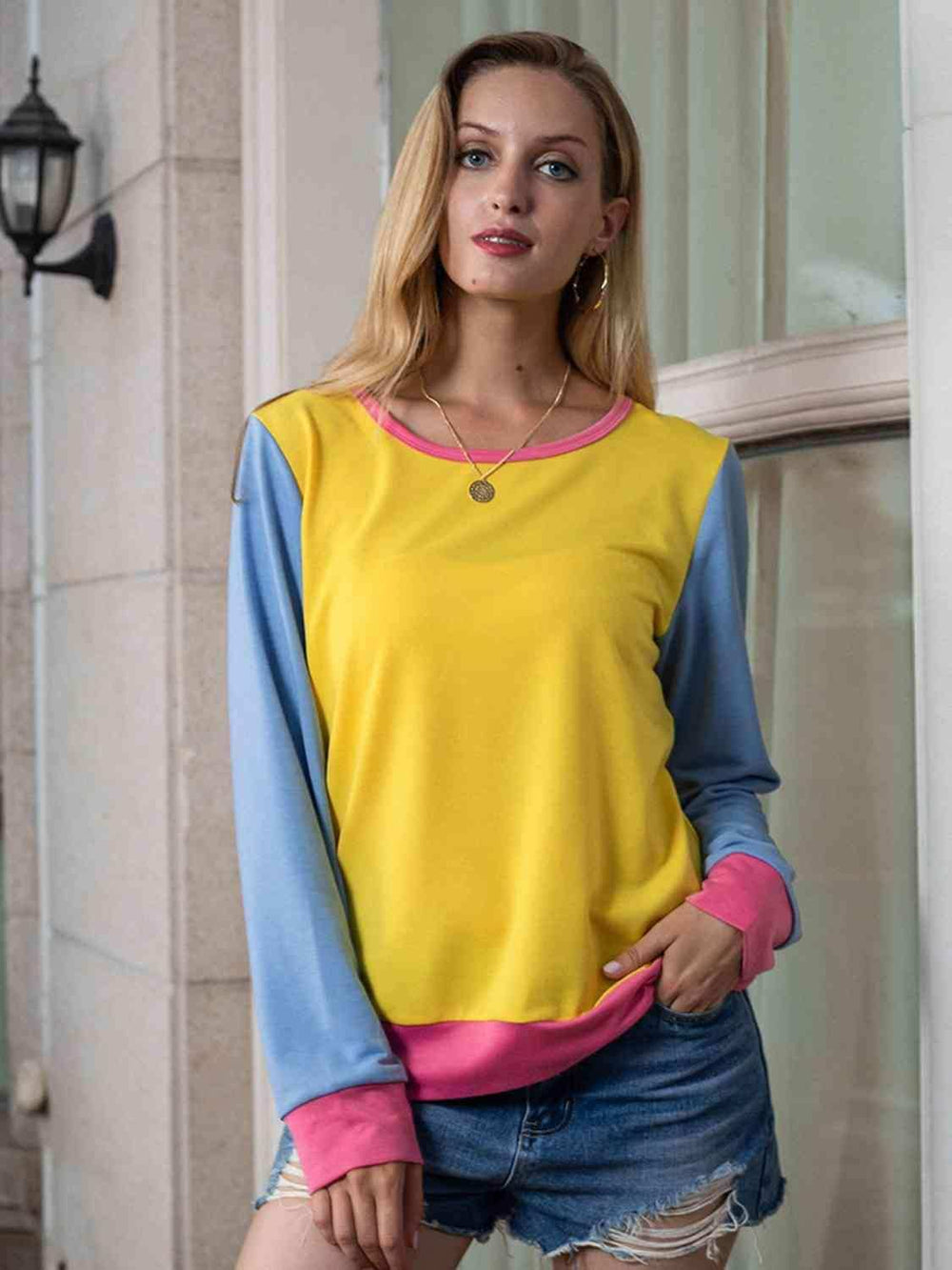 Contrast Round Neck Long Sleeve Top - Trendsi - Flyclothing LLC