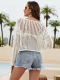 Fringe Trim Openwork Long Sleeve Cover-Up - Trendsi - Flyclothing LLC