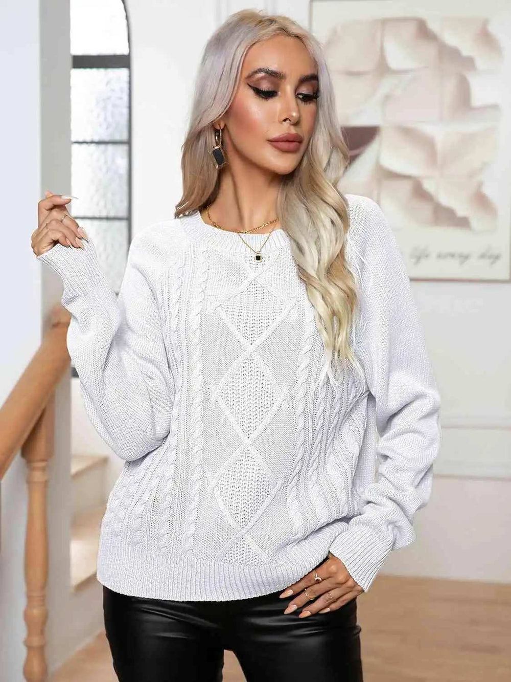 Cable-Knit Long Sleeve Sweater - Trendsi - Flyclothing LLC