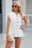 Eyelet Notched Cap Sleeve Blouse - Trendsi - Flyclothing LLC