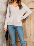 V-Neck Long Sleeve Knit Top with Pocket - Trendsi - Flyclothing LLC