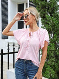Eyelet Tie Neck Flutter Sleeve Blouse - Trendsi - Flyclothing LLC