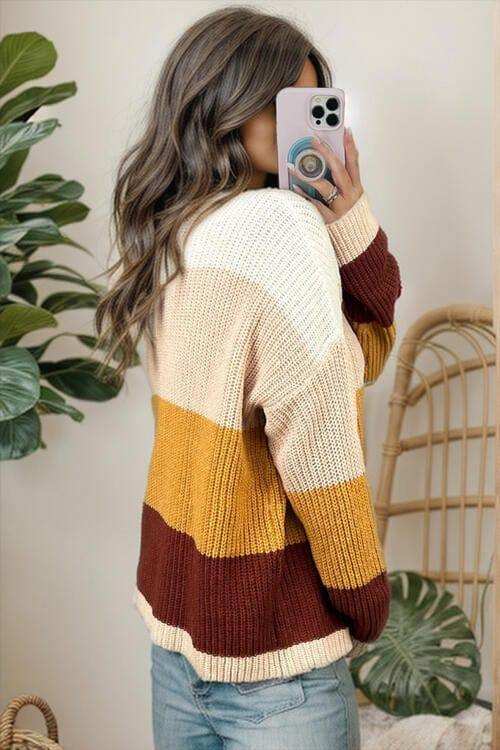 Color Block Round Neck Long Sleeve Sweater - Trendsi - Flyclothing LLC