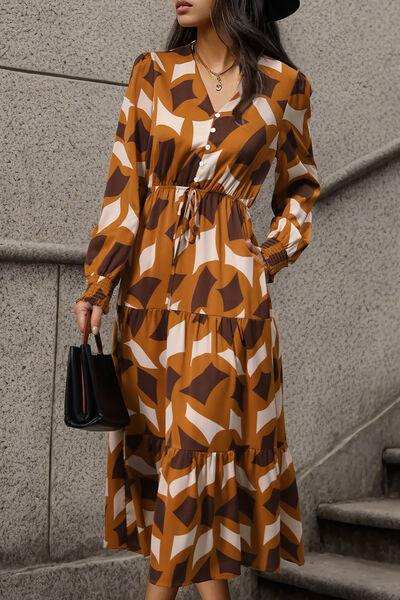 Printed Tied Pocketed Lantern Sleeve Dress - Trendsi - Flyclothing LLC