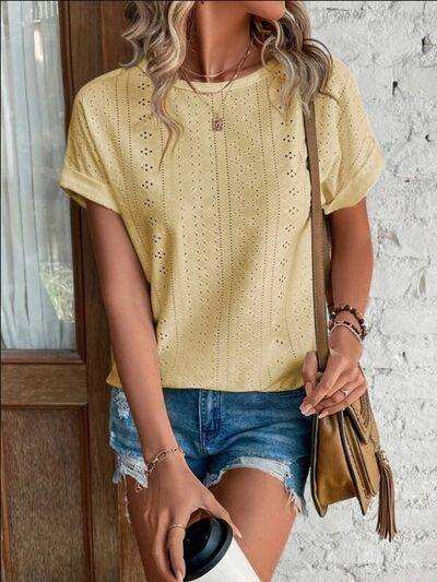 Eyelet Round Neck Short Sleeve T-Shirt - Trendsi - Flyclothing LLC