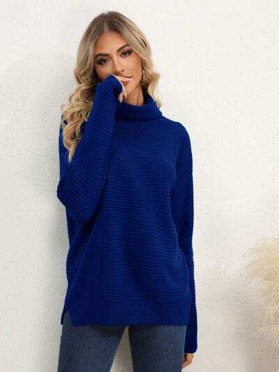 Slit Turtleneck Dropped Shoulder Sweater - Trendsi - Flyclothing LLC
