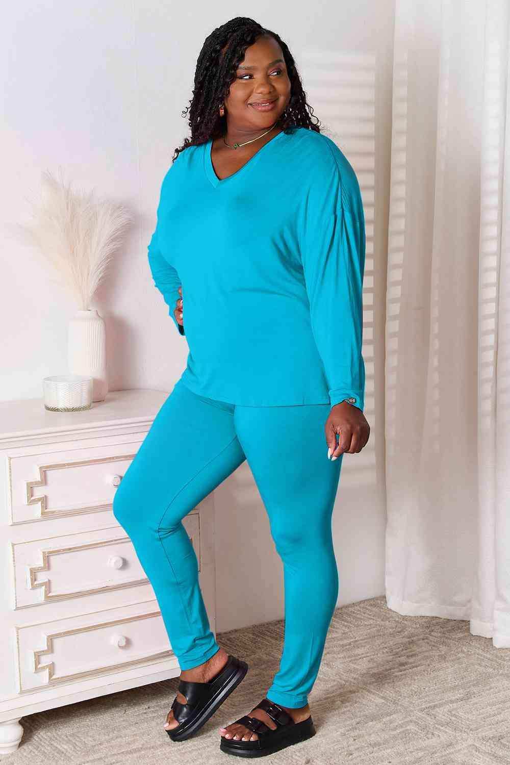 Basic Bae Full Size V-Neck Soft Rayon Long Sleeve Top and Pants Lounge Set - Trendsi - Flyclothing LLC