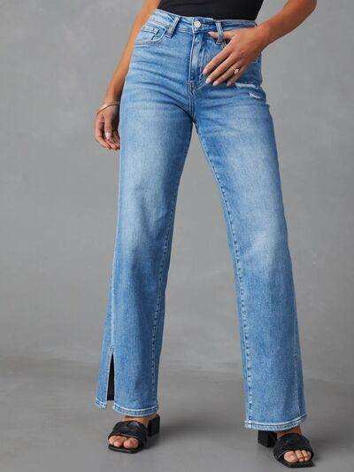 Slit Buttoned Jeans with Pockets - Trendsi - Flyclothing LLC