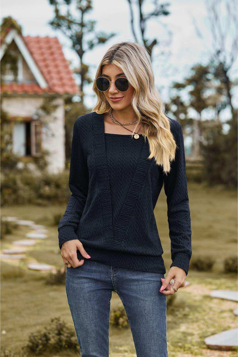 Square Neck Long Sleeve Blouse - Trendsi - Flyclothing LLC