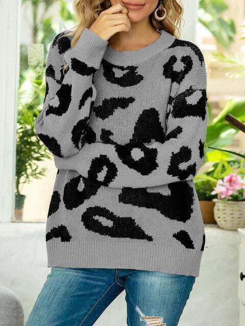 Drop Shoulder Leopard Pullover Sweater - Trendsi - Flyclothing LLC