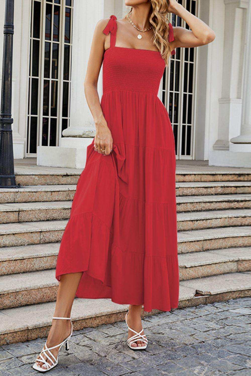 Tie-Shoulder Smocked Tiered Dress - Trendsi - Flyclothing LLC