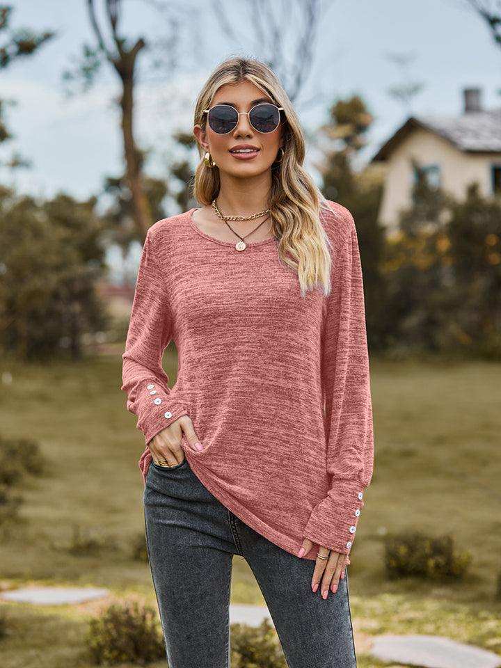 Round Neck Long Sleeve Buttoned T-Shirt - Trendsi - Flyclothing LLC