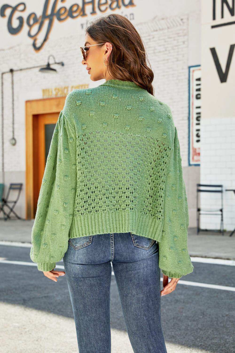 Openwork Pompom Puff Sleeve Cardigan - Trendsi - Flyclothing LLC