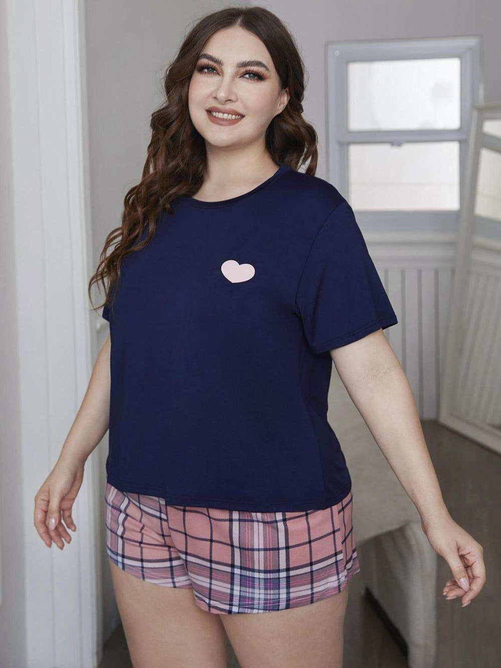 Plus Size Heart Graphic Top and Plaid Shorts Loungewear Set - Trendsi - Flyclothing LLC