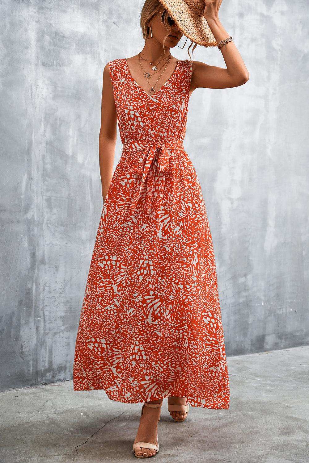 Printed V-Neck Tie Waist Maxi Dress - Trendsi - Flyclothing LLC