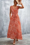 Printed V-Neck Tie Waist Maxi Dress - Trendsi - Flyclothing LLC
