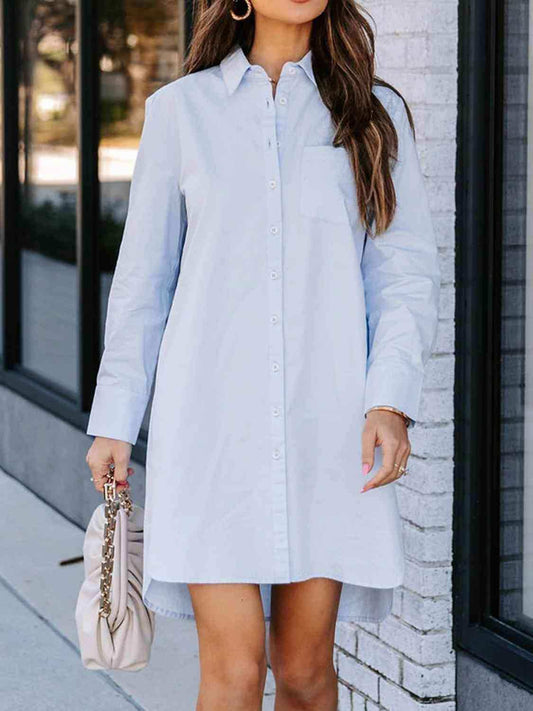 Button Up Collared Neck Long Sleeve Shirt Dress - Trendsi - Flyclothing LLC