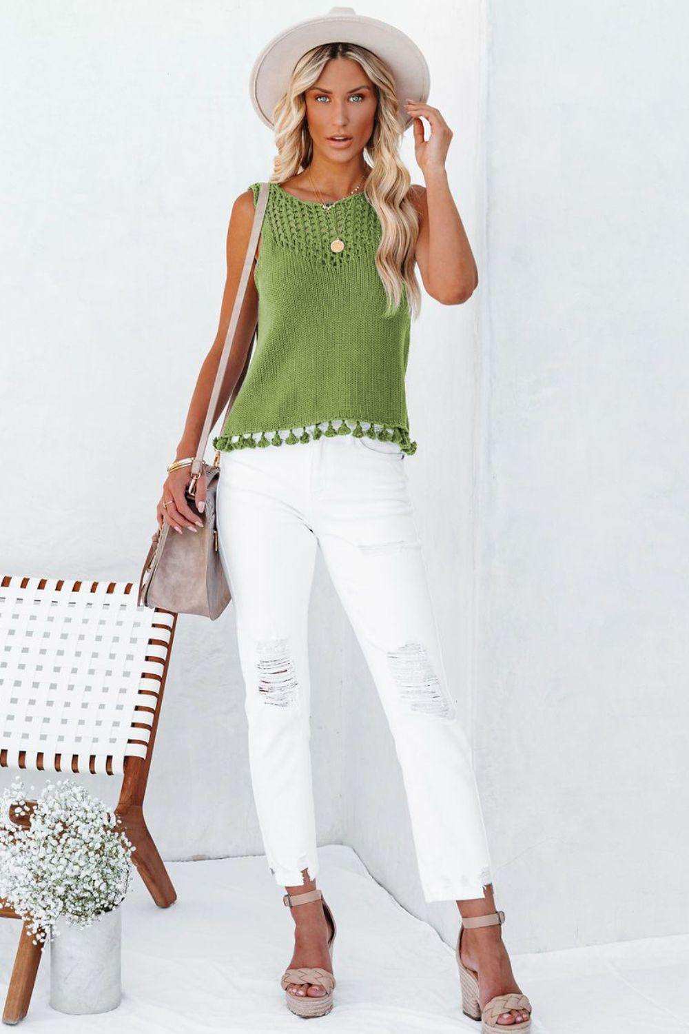 Openwork Tassel Hem Knit Tank - Trendsi - Flyclothing LLC