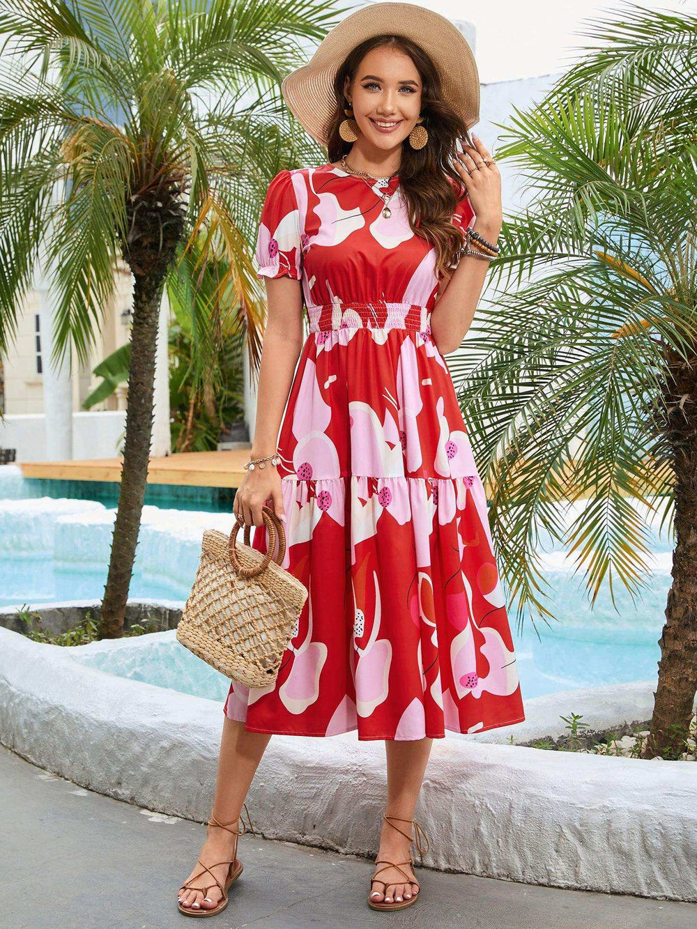 Printed Round Neck Flounce Sleeve Midi Dress - Trendsi - Flyclothing LLC