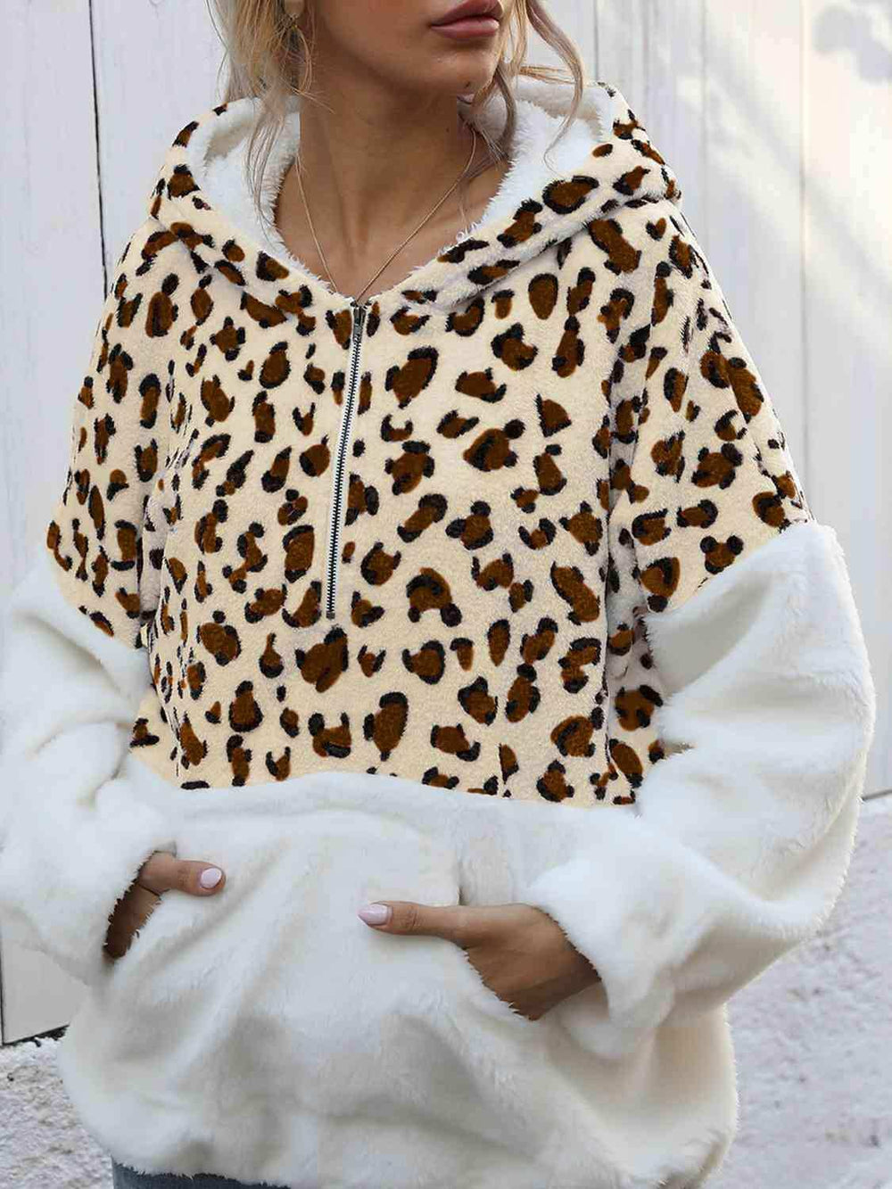 Leopard Half-Zip Dropped Shoulder Hoodie - Trendsi - Flyclothing LLC
