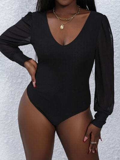 V-Neck Long Sleeve Bodysuit - Trendsi - Flyclothing LLC