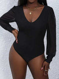 V-Neck Long Sleeve Bodysuit - Trendsi - Flyclothing LLC