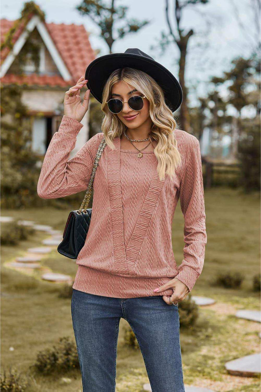 Square Neck Long Sleeve Blouse - Trendsi - Flyclothing LLC